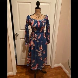 Off the shoulder smocked floral midi dress